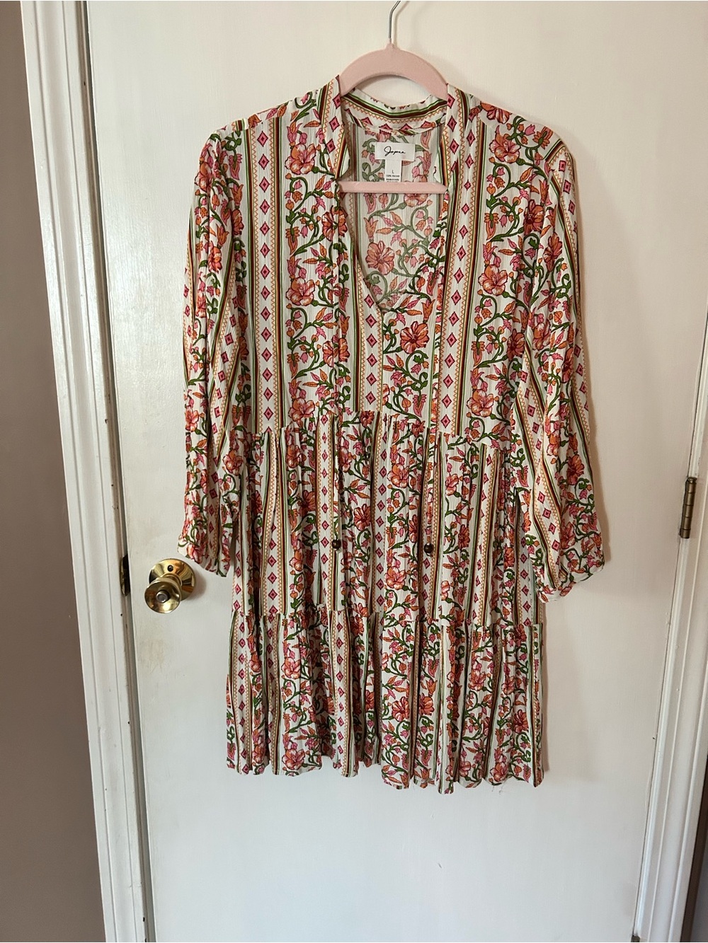 Japna Floral Cream Pink Green Tiered Dress